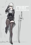  absurdres alternate_costume black_blindfold blindfold blindfold_lift copyright_name gloves high_heels highres jacket katana nier_(series) nier_automata nogchasaeg_(karon2848) planted_sword planted_weapon shorts silver_eyes solo sword thighhighs weapon yorha_no._2_type_b 