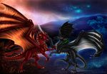  black_scales blue_eyes claws detailed_background dragon duo feral horn membranous_wings red_scales scales selianth sky smile spines star starry_sky wings 