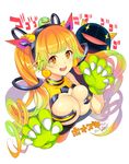  black_hairband blonde_hair breasts character_name city_forest_online claws dated doll earrings flower_knight_girl gloves gradient_hair green_gloves green_hair hairband heart heart_earrings hoozuki_(flower_knight_girl) jewelry large_breasts long_hair looking_at_viewer multicolored_hair open_mouth orange_eyes orange_hair paw_pose shiny shiny_skin signature skindentation smile snake solo twintails upper_body white_background 