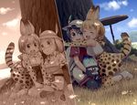  animal_ears black_hair blonde_hair blush cat_ears closed_eyes cloud commentary dappled_sunlight day dual_persona glasses grass happy hat hat_feather helmet hiruma_neru hug kaban_(kemono_friends) kemono_friends kneeling light_particles long_hair lucky_beast_(kemono_friends) mirai_(kemono_friends) multiple_girls open_mouth pantyhose partially_colored pith_helmet robot seiza semi-rimless_eyewear sepia serval_(kemono_friends) serval_ears serval_print serval_tail shade short_hair sitting sky smile striped_tail sunlight tail tree under-rim_eyewear wariza 