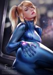  ass ass_grab bad_anatomy bangs blonde_hair blue_bodysuit bodysuit breasts eyebrows eyelashes eyeshadow firolian grabbing_own_ass high_ponytail highres lipstick looking_at_viewer makeup medium_breasts metroid nose parted_lips photorealistic ponytail samus_aran scrunchie skin_tight solo swept_bangs twisted_torso watermark web_address zero_suit 