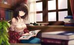  bare_shoulders black_hair blue_eyes blurry blush book book_stack bookshelf breasts closed_mouth commentary_request curtains depth_of_field expressionless fukai_ryousuke hairband holding holding_book idolmaster idolmaster_cinderella_girls indoors jewelry large_breasts long_hair long_sleeves looking_at_viewer necklace off-shoulder_sweater open_book pendant plant ribbed_sweater sagisawa_fumika shawl sitting solo sweater window 