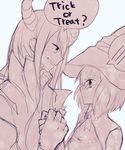  1boy 1girl blush breasts cleavage estellise_sidos_heurassein halloween hat horns long_hair monochrome open_mouth short_hair tales_of_(series) tales_of_vesperia witch_hat yuri_lowell 