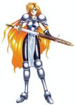  1girl armor blonde_hair blue_eyes janne_d&#039;arc leather leather_pants long_hair neo_geo pants sheath skirt sword world_heroes 