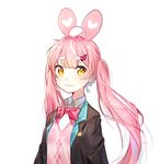  :3 animal_ears argyle argyle_sweater_vest bad_id bad_pixiv_id bangs blazer blunt_bangs blush bow bowtie brown_jacket bunny_ears collared_shirt eyebrows_visible_through_hair fake_animal_ears hair_ornament hairclip heart heart_hair_ornament jacket long_hair looking_at_viewer moong_gya original pink_bow pink_hair pink_shirt school_uniform shirt short_eyebrows signature simple_background solo sparkle sweater_vest twintails uniform upper_body white_background yellow_eyes 