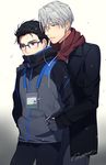  artist_name black_hair blue-framed_eyewear blue_eyes brown_eyes earbuds earphones gearous glasses gloves grey_gloves hair_slicked_back hands_in_pockets highres jacket katsuki_yuuri lanyard male_focus multiple_boys scarf shared_earphones silver_hair snowing track_jacket viktor_nikiforov yuri!!!_on_ice 