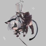  animal_ears black_dress black_hairband blindfold boots carrying cat_ears cat_tail chibi cleavage_cutout commentary_request dress feather-trimmed_sleeves hairband kemonomimi_mode long_sleeves mole mole_under_mouth nier_(series) nier_automata pod_(nier_automata) silver_hair sweatdrop sword tail thigh_boots thighhighs weapon yaku_(ziroken) yorha_no._2_type_b 