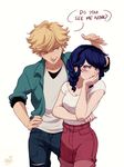  1boy 1girl adrien_agreste alternate_hairstyle blonde_hair blue_eyes blue_hair blush braid breasts ceejles cleavage ears_visible_through_hair english green_eyes hand_on_hip hand_on_own_chin highres marinette_dupain-cheng medium_breasts miraculous_ladybug pants pants_rolled_up signature torn_clothes torn_pants twin_braids 
