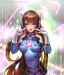  absurdres animal_print bangs blue_bodysuit bodysuit boots bracer breasts breasts_apart brown_eyes brown_hair bunny_print character_name covered_navel cowboy_shot d.va_(overwatch) deviantart_username eyelashes facepaint facial_mark finger_to_face gloves hands_up headphones highres lips lipstick long_hair long_sleeves looking_at_viewer makeup medium_breasts nose open_mouth overwatch pauldrons pilot_suit pink_lips pink_lipstick pointing pointing_at_self revision ribbed_bodysuit sangrde shiny shiny_clothes shoulder_pads skin_tight smile solo teeth tongue turtleneck very_long_hair watermark web_address whisker_markings white_footwear white_gloves 