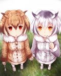  animal_ears blush brown_eyes brown_hair buttons coat commentary_request eurasian_eagle_owl_(kemono_friends) eyebrows_visible_through_hair fur_collar fur_trim grey_hair hair_between_eyes head_wings highres holding_hands kashiwagi_yamine kemono_friends long_sleeves looking_at_viewer multicolored_hair multiple_girls northern_white-faced_owl_(kemono_friends) open_mouth pantyhose short_hair white_hair wings 