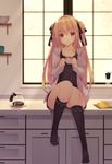  :o bangs black_legwear black_shirt blonde_hair blush coffee_grinder coffee_pot counter cup drawstring food foot_dangle full_body hair_intakes hair_ribbon highres holding holding_cup hood hoodie indoors kitchen kneehighs knees_together_feet_apart konjiki_no_yami legs long_hair long_sleeves looking_at_viewer no_shoes on_counter open_clothes open_hoodie open_mouth red_eyes ribbon shiny shiny_hair shirt shokuyou_mogura sitting sleeveless sleeveless_shirt solo taiyaki teacup to_love-ru to_love-ru_darkness two_side_up very_long_hair wagashi window 