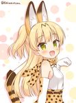  :d animal_ears blonde_hair bow bowtie commentary_request cosplay elbow_gloves extra_ears fang gloves green_eyes idolmaster idolmaster_cinderella_girls jougasaki_rika kaiware-san kemono_friends long_hair looking_at_viewer open_mouth paw_pose polka_dot polka_dot_background serval_(kemono_friends) serval_(kemono_friends)_(cosplay) serval_ears serval_print serval_tail skirt sleeveless smile solo tail twitter_username two_side_up 