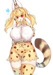  :p absurdres animal_ears blonde_hair blush bow bowtie breasts commentary_request cosplay elbow_gloves gloves head_tilt headphones highres huge_breasts kemono_friends kkusa looking_at_viewer nitroplus plump red_eyes serval_(kemono_friends) serval_(kemono_friends)_(cosplay) serval_ears serval_print serval_tail skirt sleeveless solo super_pochaco tail thighs tongue tongue_out twintails 