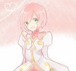  1girl aqua_eyes blush breasts dress estellise_sidos_heurassein heart open_mouth pink_background pink_hair short_hair tales_of_(series) tales_of_vesperia 