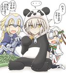  3girls ahoge alternate_costume animal_costume armor armored_dress bell black_gloves black_legwear blonde_hair blush capelet closed_eyes commentary_request cosplay elbow_gloves fate/apocrypha fate/grand_order fate_(series) fur_trim gauntlets gloves hair_ribbon headpiece jeanne_d'arc_(alter)_(fate) jeanne_d'arc_(fate) jeanne_d'arc_(fate)_(all) jeanne_d'arc_alter_santa_lily kasaneko kigurumi long_hair multiple_girls open_mouth ribbon smile spoken_ellipsis striped striped_ribbon thighhighs translated yellow_eyes 