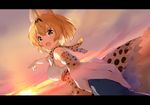  :d animal_ears bare_shoulders belt black_gloves blue_sky blush bow bowtie breasts cloud cloudy_sky dutch_angle elbow_gloves evening extra_ears eyebrows_visible_through_hair eyelashes female_pov floating_hair foreshortening from_side gloves gradient_sky holding_hands jpeg_artifacts kaban_(kemono_friends) kemono_friends large_breasts letterboxed looking_at_another looking_at_viewer multicolored multicolored_sky multiple_girls open_mouth orange_eyes orange_hair orange_sky out_of_frame outdoors pointing pov pov_hands purple_sky scenery serval_(kemono_friends) serval_ears serval_print shirt short_hair sideboob skirt sky sleeveless sleeveless_shirt smile tareme tousaki_umiko white_shirt wind yellow_sky 
