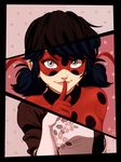  black_border black_hair blue_eyes bodysuit border ceejles domino_mask dual_persona finger_to_mouth hair_ribbon highres ladybug_(character) lips marinette_dupain-cheng mask miraculous_ladybug polka_dot polka_dot_background ribbon signature smile solo split_theme twintails upper_body 