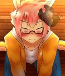  ambiguous_gender anthro blush clothing cub disembodied_hand eyes_closed eyewear footwear fur glasses hair hand_on_head jeans lagomorph looking_up male mammal pants pink_hair rabbit rabbitdx26 shoes sitting solo sweater teenager white_fur young 
