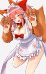  :d animal_ears apron armpits bell bell_collar blush bow breasts cleavage collar commentary_request cowboy_shot fang fate/grand_order fate_(series) fox_ears fox_tail gloves hair_between_eyes hair_bow highres jingle_bell large_breasts leg_up long_hair maid_headdress naked_apron nyakonro_(nekonro) open_mouth paw_gloves paw_print paws pink_hair ponytail red_bow sideboob smile solo tail tamamo_(fate)_(all) tamamo_cat_(fate) yellow_eyes 
