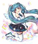  aqua_hair blue_eyes boots elbow_gloves fingerless_gloves from_side full_body gamathx gloves hatsune_miku highres long_hair looking_at_viewer magical_mirai_(vocaloid) nail_polish open_mouth solo thigh_boots thighhighs twintails very_long_hair vocaloid white_footwear white_gloves white_legwear wings zettai_ryouiki 