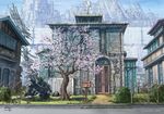 artist_name building bush cherry_blossoms city commentary directional_arrow flat_color house k_kanehira no_humans original plant road scenery science_fiction sign street tree vines 