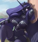  absurd_res anthro armor armpits big_breasts blue_feathers blue_hair breasts cleavage clothed clothing equine feathers female friendship_is_magic hair hi_res horn kevinsano long_hair mammal my_little_pony navel princess_luna_(mlp) smile solo thick_thighs unconvincing_armor winged_unicorn wings 