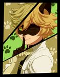  adrien_agreste animal_ears black_border blonde_hair border cat_ears ceejles chat_noir domino_mask dual_persona fake_animal_ears finger_to_mouth green_sclera highres jewelry male_focus mask miraculous_ladybug one_eye_closed paw_background ring signature smile solo split_theme upper_body yellow_eyes 