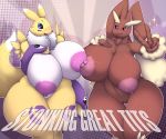  3_fingers 5_fingers abstract_background big_breasts blush breast_squish breasts chest_tuft clothing digimon duo english_text female fingerless_gloves fur gloves group huge_breasts lactating looking_at_viewer lopunny megustalikey milk multicolored_skin nintendo nipple_rubbing pok&eacute;mon pok&eacute;mon_(species) pussy renamon small_head sparkle text thick_thighs tuft two_tone_skin v_sign video_games 