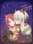  1boy 1girl animal_ears bat blue_eyes blush choker dezel_(tales) gloves grey_hair halloween multicolored_hair one_eye_closed open_mouth pumpkin red_hair ribbon rose_(tales) tales_of_(series) tales_of_zestiria 