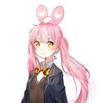  :3 animal_ears bad_id bad_pixiv_id bangs black_jacket blazer blunt_bangs blush bow bowtie brown_shirt bunny_ears collared_shirt eyebrows_visible_through_hair fake_animal_ears jacket long_hair looking_at_viewer moong_gya original pink_hair school_uniform shirt short_eyebrows signature simple_background solo sparkle striped striped_bow striped_neckwear sweater_vest twintails uniform upper_body white_background yellow_bow yellow_eyes 