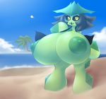  beach big_breasts bikini black_hair black_sclera breast_expansion breasts cacturne clothing elfdrago eyelashes flora_fauna hair huge_breasts hyper hyper_breasts nintendo nipples nora plant pok&eacute;mon pok&eacute;morph seaside smile solo swimsuit video_games wardrobe_malfunction water yellow_eyes 