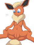  007delta blue_eyes eeveelution female feral flareon fur mammal nintendo orange_fur pok&eacute;mon presenting pussy simple_background spread_legs spreading video_games 