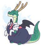  ambiguous_gender clothing dragon eyes_closed fangs gloves green_scales horn maid_uniform maim miss_kobayashi&#039;s_dragon_maid scales sitting smile solo tohru_(dragon_maid) uniform wings 