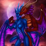  5_fingers anthro blue_scales breasts detailed_background dragon duo female horn male membranous_wings nipples non-mammal_breasts penis purple_eyes red_scales scales selianth smile standing wide_hips wings 