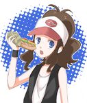  :o antenna_hair bare_arms bare_shoulders baseball_cap black_vest blue_eyes brown_hair flat_chest food halftone halftone_background hat head_tilt holding holding_food hot_dog long_hair looking_at_viewer open_clothes open_mouth open_vest outline poke_ball_print pokemon pokemon_(game) pokemon_bw ponytail sidelocks sleeveless solo sweatband tank_top tareme touko_(pokemon) upper_body vest wavy_hair white_hat white_outline wrapper 