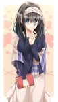  black_hair blue_eyes blush book bookmark breasts commentary_request hair_over_eyes holding holding_book idolmaster idolmaster_cinderella_girls jewelry large_breasts long_hair looking_at_viewer necklace oga_raito sagisawa_fumika shawl solo 