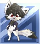  2017 anthro black_nose chest_fur chest_tuft clothed clothing cute digital_media_(artwork) earth_fox earthb-kun feral fur hair looking_at_viewer male mammal open_mouth red_eyes simple_background smile solo standing tuft white_fur 