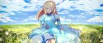 ahoge aqua_eyes artoria_pendragon_(all) bangs blonde_hair blue_bow blue_dress blue_skirt blue_sky bow closed_mouth cloud day dress fate/stay_night fate_(series) field grass highres horizon last_episode light_particles long_hair long_sleeves looking_at_viewer magicians_(zhkahogigzkh) saber skirt skirt_hold sky solo tears walking watermark 