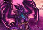  5_fingers anthro bra breasts clothed clothing day detailed_background dragon female grass horn membranous_wings non-mammal_breasts outside purple_cales purple_eyes purple_theme selianth smile solo standing underwear wings 