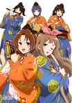  :d ;o absurdres bangs blue_kimono brown_eyes brown_hair closed_mouth fan flute green_eyes hibike!_euphonium highres instrument japanese_clothes kasaki_nozomi kimono long_hair megami_deluxe multiple_girls music myouken_yuuko nagase_riko nakagawa_natsuki one_eye_closed open_mouth orange_kimono pink_eyes playing_instrument ponytail purple_eyes red_ribbon ribbon smile yoroizuka_mizore yoshikawa_yuuko 