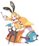  :&lt; absurdres animal_ears animal_hood animal_slippers black_legwear blonde_hair bow bowtie bunny_earmuffs bunny_ears bunny_hood bunny_slippers disgaea expressionless eyebrows_visible_through_hair full_body fur-trimmed_jacket fur-trimmed_sleeves fur_trim hairband harada_takehito highres hood hood_down jacket jitome leotard makai_senki_disgaea_5 official_art pantyhose pom_pom_(clothes) prinny red_eyes scarf shoes short_eyebrows short_hair sleeves_past_wrists spoon standing thick_eyebrows transparent_background usalia_(disgaea) white_scarf yellow_jacket 