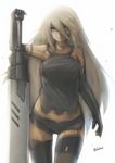  akahuzi black_gloves black_legwear breasts commentary elbow_gloves gloves highres holding holding_sword holding_weapon large_breasts long_hair looking_at_viewer nier_(series) nier_automata pantyhose silver_eyes solo sword thighhighs torn_clothes torn_legwear twitter_username weapon white_hair yorha_type_a_no._2 