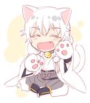  ^_^ animal_ears bell bell_collar cat_ears cat_paws cat_tail catboy chibi closed_eyes collar colored_eyelashes commentary_request facing_viewer fang flat_color full_body gloves gold_trim japanese_clothes male_focus open_mouth paw_gloves paws pom_pom_(clothes) sitting smile solo tail touken_ranbu tsurumaru_kuninaga uni_(nofty) white_hair 