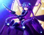  blue_eyes braid breasts gloves hair_ornament highres leotard long_hair looking_at_viewer medium_breasts neptune_(series) purple_hair purple_heart solmyr2000 solo sword symbol-shaped_pupils twin_braids very_long_hair weapon wings 