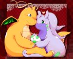  2016 ambiguous_gender anthro blue_eyes blush claws dragonite duo egg goodra green_eyes kinoko nintendo one_eye_closed orange_body pok&eacute;mon pok&eacute;mon_(species) purple_body romantic_couple video_games wings 