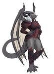  2017 anthro armor barefoot breasts clothed clothing demon dragon female grey_horn grey_scales hair hand_on_hip hattonslayden hi_res hybrid long_hair looking_at_viewer membranous_wings red_eyes scales simple_background smile solo white_background white_hair wings 