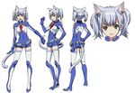  1girl asobi_ni_iku_yo! back_jingle_bell blue_hair bodysuit cat_ears cat_girl cat_tail chaika chaika_(asobi_ni_iku_yo!) closed_eye closed_mouth full_body gray_hair green_eyes kemonomimi low_quality monster_girl open_mouth ponytails poor_quality simple_background smile socks stand standing tail white_background wink woman 