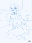  ambiguous_gender anthro bed blue_theme butt canine hair kneeling looking_at_viewer mammal nite pillow sketch solo 
