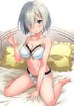  3: artist_name ayuya_naka_no_hito barefoot bed between_legs blue_bra blue_eyes blue_panties bra breasts collarbone commentary_request cursive eyebrows_visible_through_hair fingernails hair_ornament hair_over_one_eye hairclip hamakaze_(kantai_collection) hand_between_legs kantai_collection looking_at_viewer medium_breasts navel on_bed panties pillow sakiyamama silver_hair sitting solo underwear underwear_only wariza white_background 