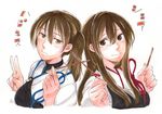  akagi_(kantai_collection) artist_name blush brown_eyes brown_hair closed_mouth commentary_request food hair_between_eyes japanese_clothes kaga_(kantai_collection) kantai_collection long_hair looking_at_viewer multiple_girls muneate pocky side_ponytail simple_background smile straight_hair tasuki traditional_media translated v white_background yamada_rei_(rou) 